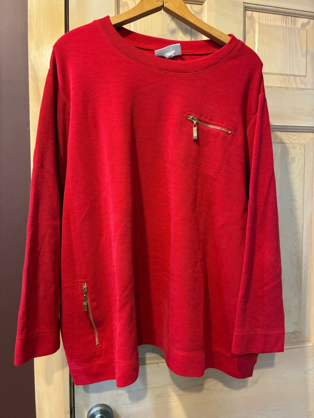 Red Women's Long-Sleeve Top with Gold Zippered Pocket Accents